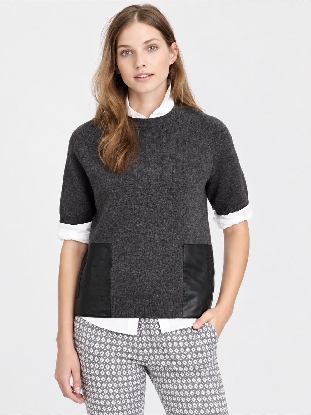 J.Crew Merino Wool Short Sleeve Sweater Leather Pockets XS Gray